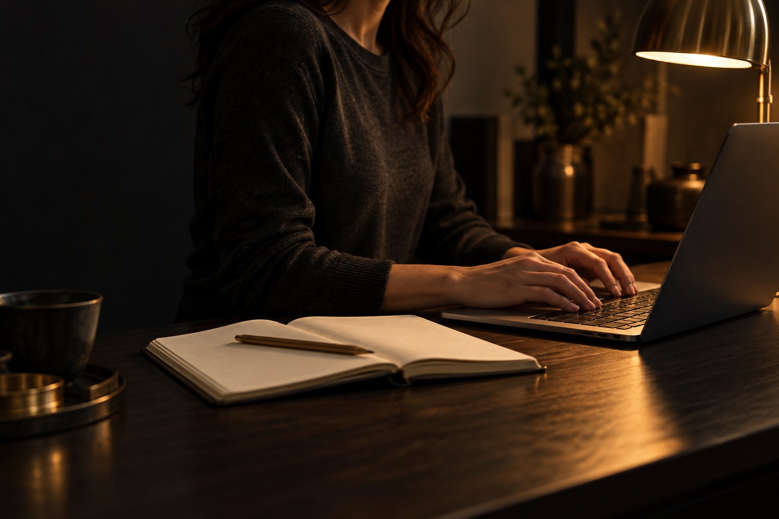 A focused workspace with a laptop, notebook and warm evening light